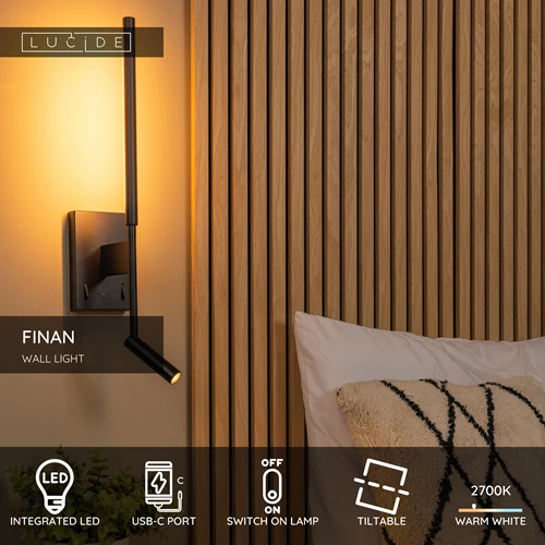 Lucide FINAN - Wall light - LED - 2700K - With USB charging point - Black - USP